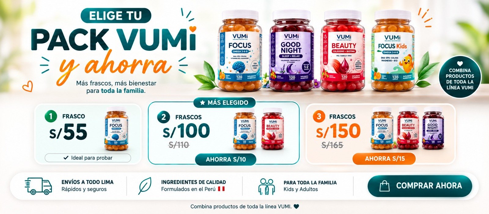 Elige tu Pack VUMI y ahorra — 1 frasco S/55, 2 frascos S/100, 3 frascos S/150